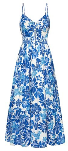 Girls Teenager A-Linie Böhmisch Cami-Kleid Casual Ärmellos Blumenkleid Sommer Ausgehen Dating Kleid Party Club Blaue Blume XL