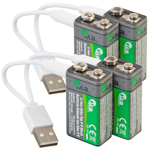 tka Köbele Akkutechnik 9V Batterie: 4er-Set Li-Ion-Akkus Typ 9-V-Block mit USB-C, 340 mAh, 3.060 mWh (9V Block Batterien, Block Batterie Akkus, Spielzeug)