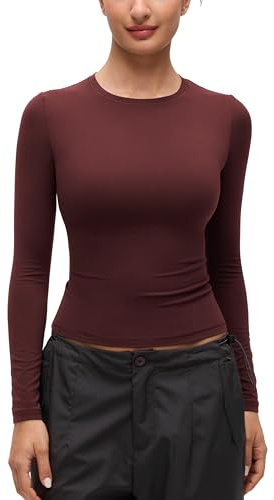 CRZ YOGA Womens Softembrace Long Sleeve Soft Crew Neck Shirts Basic Stretchy Tight T-Shirts Casual Going Out Fall Fitted Tops Red Merlot 8