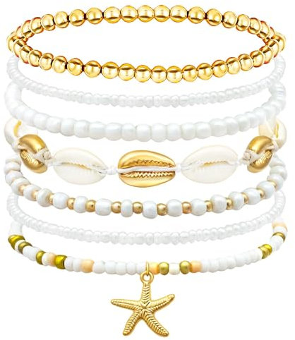 YUEXNKO Strand Armband Damen, 7 Stück Strand Schmuck Armband, mit Seesternen und Muscheln, Frauen Mädchen Sommer Schmuck, für Summer Strandparty Urlaub(A)
