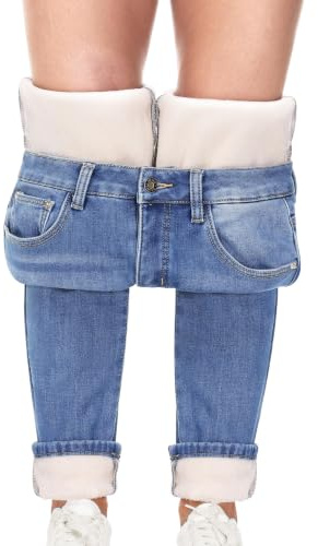 Fengbay Damen Fleece Gefüttert Jeans Winter Stretch High Waisted Skinny | Thermo Casual Jeanshosen; Fleecefutter Gegen Kälte; Po-Lift Schnitt; Praktische Taschen; Perfekt für Winterliche Alltagslooks