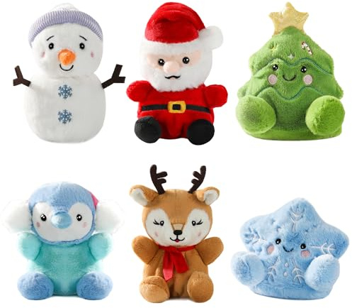 My OLi 16cm / 6.3In Weihnachts-Plüschtiere Set (6er Pack) - Weihnachtsbaum, Pinguin, Schneemann, Rentier, Schneeflocke und Nikolaus - Weiche Kuscheltier Geschenke & Deko für Kinder zum Weihnachten