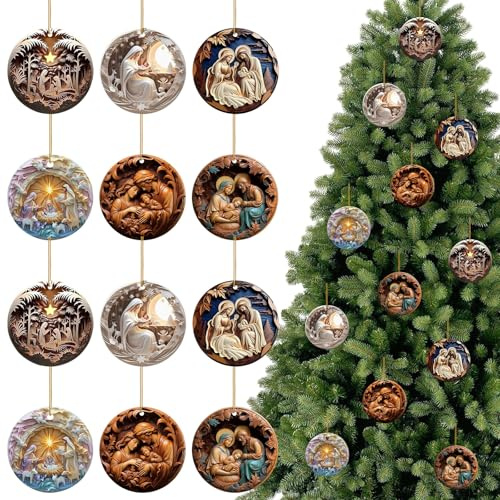 Weihnachtskrippe deko 12 Stück Krippenfiguren Weihnachtsbaumschmuck Weihnachtsschmuck zum Aufhängen Weihnachtskrippe Komplettset Hängende Deko Holz für Religiöses Geschenk