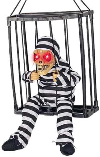 Halloween Figuren Animiert, Schreiende Halloween Dekorationen mit Bewegungsmelder, Gruseligen Geräuschen und Leuchtenden Augen, Gruseliger Totenkopfkäfig, Gefangene Spukhaus Deko Requisiten (schwarz)