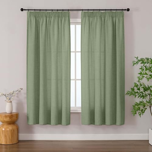 Simplebrand Grün Gardinen mit Kräuselband in Leinenoptik - Gardinen in Leinenoptik 2 Stücke, halbtransparent für Wohnzimmer, durchsichtige Schrank-Gardinenschals mit Kräuselband, 140 x 163 cm