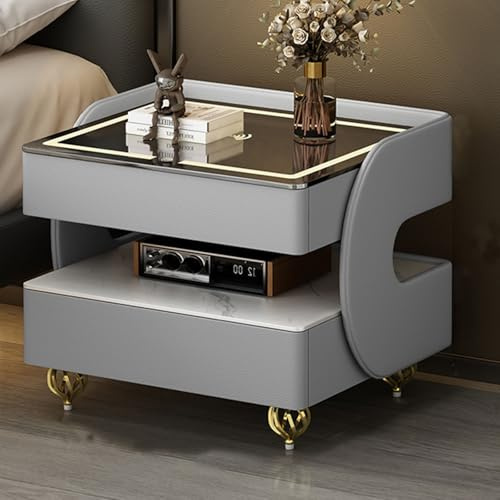 GUQASDV Smart Nightstand with LED, Smart Bedside Table with Speaker and Wireless Charging,smart side Bed End Table with Tempered Glass Top for Bedroom Living Room(Light gray,40cm/15.7in)