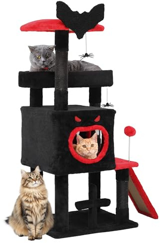 DWVO 111 cm Gothic-Katzenbaum für den Innenbereich mit Sargbett, geräumigem Katzenhaus, hängendem Spinnenball und Kratzbaum, Schwarz Halloween