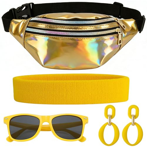 80er Jahre Bauchtasche Damen für Fasching & Karneval - Neon Party Accessoires 80er Kostüm Outfit mit Bauchtasche, Stirnband, Ohrringen, Brille (Gold)