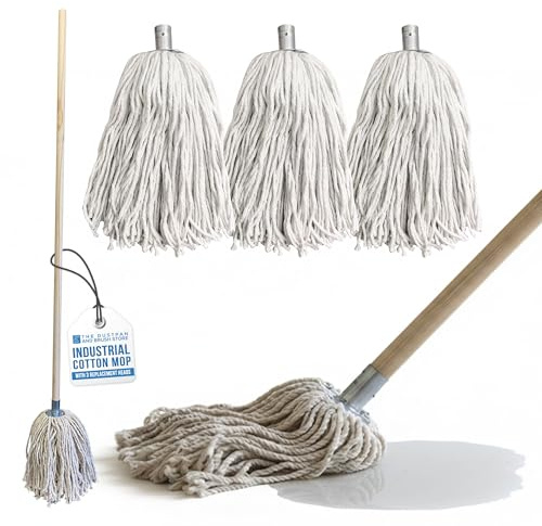 Traditional Cotton Mop with 3 String Head Refills and Smooth Wooden Mop Handle - Pure Cotton Mops for Cleaning Floors - String Floor Mops for Hard Floor, Bathroom, Kitchen, Laminate, Wood, Tiles etc
