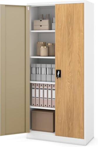 Jan Nowak Aktenschrank Metall abschließbar, Büroschrank, 195x90x40 cm | Ordnerschrank, Dokumentenschrank mit 4 verstellbaren Fachböden, Flügeltüren, Schloss, Stahlkorpus und Pulverbeschichtung