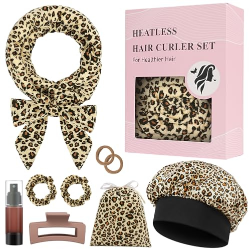 AOOWU Lockenwickler Über Nacht, 9 Stück Samt Heatless Overnight Curls mit Stirnband Locken Band Zum Schlafen, Band Locken ohne Hitze, 70 Haarwickler DIY für Langes Mittleres Haar, Leopardendruck