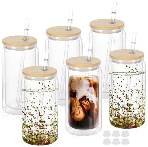 Wisyurt Bouteilles d'eau en Plastique Isolées à Double Paroi de 16 Oz (6 Pièces) avec Pailles et Couvercles - Ensemble de Tasses à Neige à Personnaliser avec des Trous Pré-Percés C