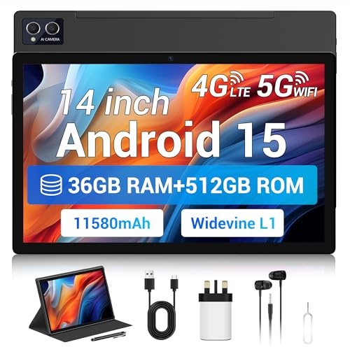 14 Inch Tablet Android 15 with SIM Card Slots, 36GB RAM+512GB ROM(TF 1TB), 4G LTE+5G WiFi, Octa-Core, 8MP+13MP, 11580mAh/Widevine L1/4 Speakers/BT5.0/18W/GPS, Tablet with Case/Stylus/Earphones, Black