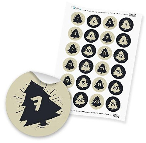 itenga Zahlensticker Z19 Adventskalenderzahlen 1-24 Tannenbaum/Beige Schwarz Hochglanz Aufkleber