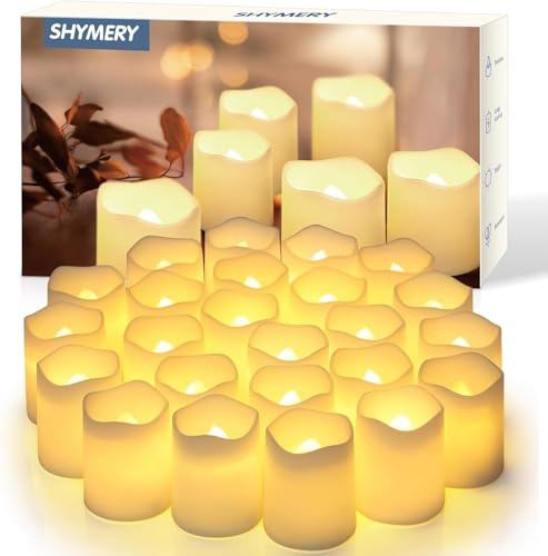 SHYMERY Flameless Votive Candles,Flameless Flickering Electric Fake Candle,24 Pack 200+Hour Battery Operated LED Tea Lights in Warm White for Wedding, Table, Halloween,Christmas Decorations 1.5X1.7