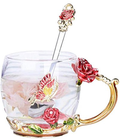 YBK Tech Creative Flower Glass Mug, Crystal Clear Glass Tea Cup- Red Rose, Short (320ml)