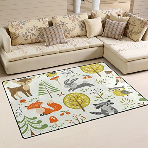 Use7 Teppich, Motiv: Sommerwald, Baum, Fuchs, Bär, Kaninchen, Ananas, rutschfeste Fußmatte, Fußmatte, Wohnzimmer, Schlafzimmer, 100 x 150 cm