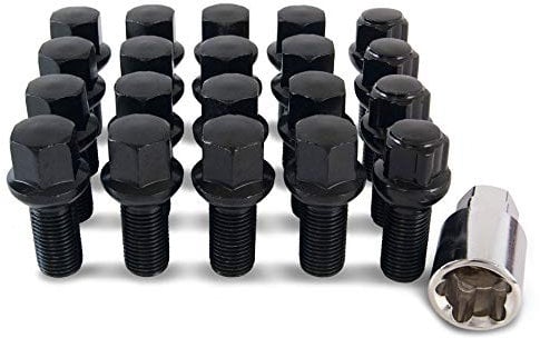 16 x Black Chrome Wheel Bolts Set with 4 x Locking Nuts for Seat Leon ST with Genuine Alloy Wheels PN.SFP-16BM14RB+B14RB174