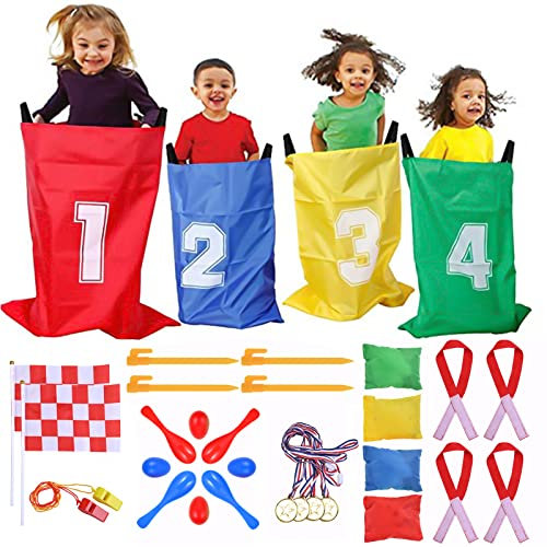 GOLDGE 32Pz Kit | Saco para Carrera y Accesorios, Juegos de Carreras de Sacos, Huevo y Cuchara, Medalla y Silbatos, Juegos para Exteriores Deportivo para Niño, Juegos de Lanzamiento para Fiestas