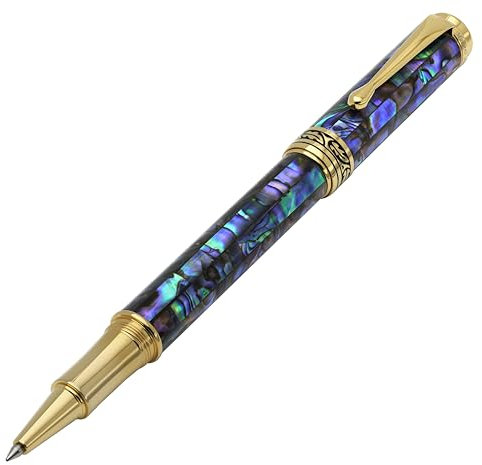 Xezo Maestro Fine Point Rollerball Pen, Iridescent Paua Sea Shell with 18 Karat Gold Plating. Handmade, Limited Edition, Serialized. No Two Alike