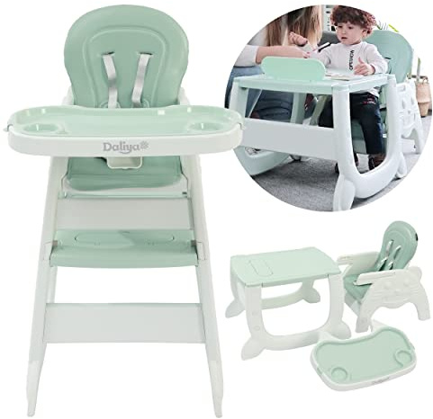Daliya® Multihok 4-in-1 Kinderhochstuhl Baby Hochstuhl ab 6 Monate, mitwachsend, Tisch & Stuhl Set, 3-fach verstellbare Rückenlehne, 5-Punkt Gurt, Doppeltablett, BPA-frei, bis 25 kg (Türkis)