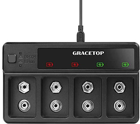 GRACETOP 9V USB/Type C 4 Slot Battery Charger for 9V Lithium/Ni-MH Batteries, Switchable Charger with LED Indicator and Smart Protection