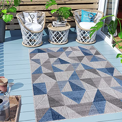 Carpeto Rugs Geometrisch In- & Outdoor Teppich Wetterfest für Balkon, Terasse - Balkon Teppich Wasserfest - Outdoorteppich Wetterfest - Aussenteppich Terrasse Groß - Blau Grau - 120 x 170 cm