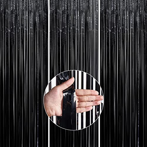 PartyWoo, 3 Stück, Lametta Vorhang, Party Hintergrund, Foil Fringe Curtains, Partydeko für Deko Geburtstag Mann, Hochzeit, Abschluss, Ruhestand (Schwarz, 1x2m), Einfarbig, Black