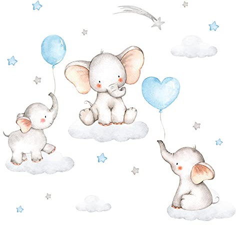 Little Deco Wandsticker Wandtattoo Kinderzimmer Deko Junge Tiere Elefanten blau Ballons Wolken Aufkleber Babyzimmer Spielzimmer Wandbild selbstklebend DL209-25