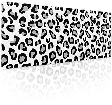 White Leopard Print Gaming Mouse Pad XL Cute Grey Cheetah Texture Extended Large Desk Cover Big Table Mat Non-Slip Rubber Base Stitched Edge Long Keyboard Playmat for Gamer,31.5×11.8 Inches