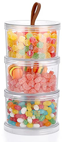 SUMTree 3 Tier Decorative Round Storage Jars with Lids Clear Stackable Snack Containers Round PET Plastic Candy Jars Biscuit Candy Organizer Tins Kitchen Food Canisters Bathroom Q-tip Containers