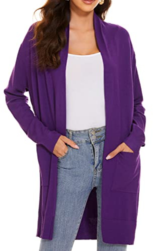 Huuloo Langer Cardigan für Damen, vorne offen, mit Taschen
