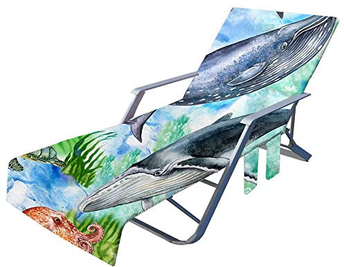 Highdi Sun Lounger Towels with Pockets, Beach Sunbed Towels, Beach Chair Cover Towel, Chaise Lounge Towel Cover, Lounger Mate Beach Towel for Garden Pool (75x210cm,Whale)