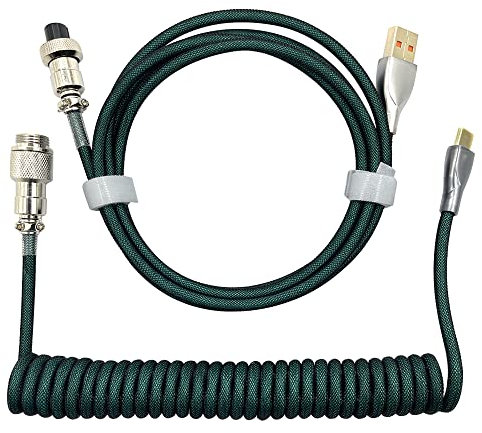 Cable de teclado en espiral, cable de teclado mecánico de tipo C a USB A de 1,8 m, cable USB C para teclado de juegos con aviador metálico desmontable (verde militar)