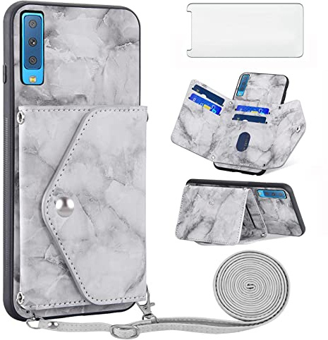 Asuwish Handyhülle für Samsung Galaxy A7 2018 Hülle mit Band und Glas Folie Schutzfolie Kartenfach Klappbar Kette Leder Geldbörse Ständer SM-A750FN/DS A750FN Handy Hüllen Schutzhülle Phone Case Grau