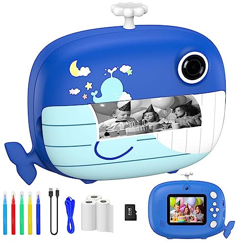 Ushining Appareil Photo Instantané Enfants, 10X Zoom 1080P Appareil Photo Numérique Enfant Caméra Vidéo avec Écran de 2,4 Pouces Papier d'impression Carte TF 32 Go,Cadeau pour Filles Garçons (Baleine)