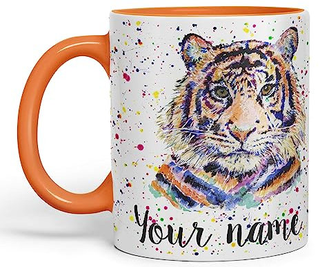 Vixar Personalised with Your Text Tiger Cat Safari Animals Watercolour Art Coloured Ceramic Mug Cup Gift 330ml 11oz Custom Work Office Tea Coffee (O2) (Orange)