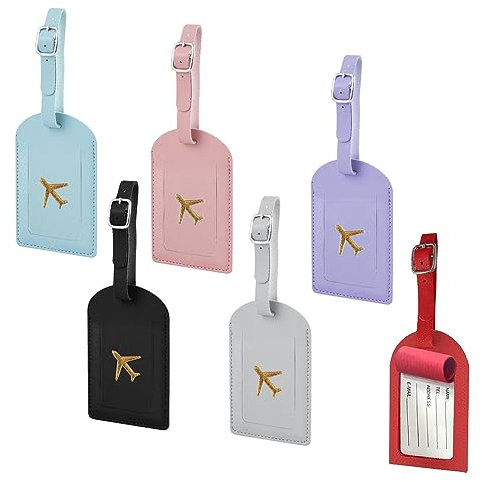 GYSRXS 6 Pièces Etiquette Valise Etiquettes à Bagage Avion en Cuir PU Porte Nom pour Valise avec Sangle Réglable pour Sacs,Valises,Sac de Voyage(6 Couleurs)