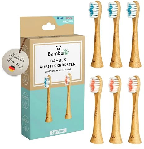BAMBUNA Ersatzbürsten aus Bambus - Aufsteckbürsten mittelweich - Schallzahnbürste Bürstenkopf - Bambus Bürstenkopf elektrische Zahnbürste - Made in Germany (blau/rosa, 6er-SET)