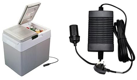 Koolatron Iceless 12V Electric Cool Box, 34L Portable Cooler/Warmer Car Refrigerator Fridge 230V AC to 12V DC Power Adapter Inverter/Converter with Circuit Breaker for Car Fridge