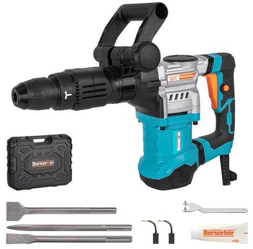 Berserker 1300W 16-Pound SDS-Max Demolition Jack Hammer, 1-9/16 11-Amp Small Corded Electric Demo Chipping Hammer for Floor Tile Removal, Concrete Breaker with Carrying Case & 3 Chisels
