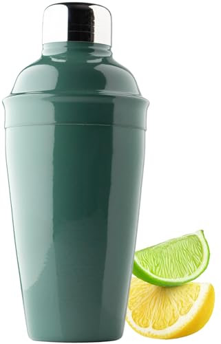 Stainless Steel Cocktail Cobbler Shaker Tool - 500ml (17fl oz). Built-in Ice Strainer, Silicone Seal & Spirit Measure Cap. Modern Design, Pine Tree Green Colour, Great for Beginners & Professionals