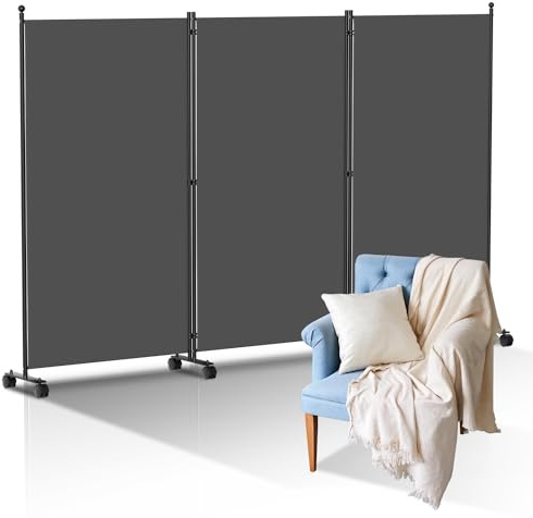 Eulenke Stoff Paravent 3 Teilig, 263 ×181cm Anthrazit, Paravent Raumteiler auf Rollen, Sichtschutz Stellwand Raumteiler Trennwand, für Büros Outdoor Garten Balkon