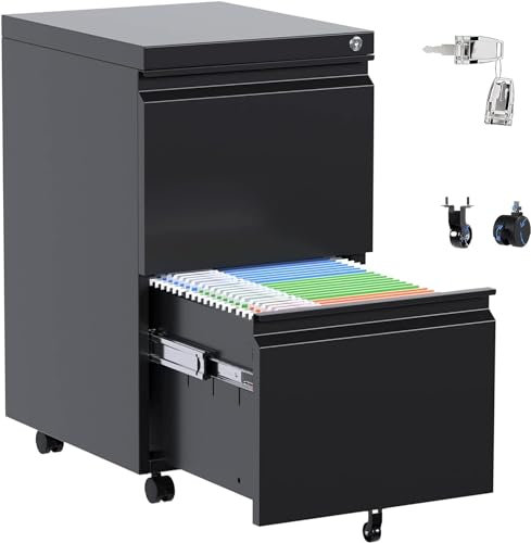 SUPEER Armoire de classement mobile à 2 tiroirs avec serrure, sous le bureau, armoire de classement en métal avec roulettes pour dossiers légaux/lettres/A4, entièrement assemblée, noir