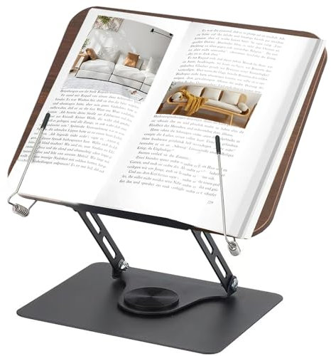 Buchständer Holz - 360° Drehung Höhenverstellbarer Buchhalter Leseständer mit Massivem Aluminiumlegierungsbasis und Arm, Book Stand für Hardcover, Rezepte und iPad Laptop