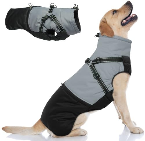 Hjumarayan Hundemantel Grosse Hunde, Hundemantel mit Geschirr Hundejacke Wasserabweisend Mantel Winter, Hunde Jacke Gefüttert Outdoor Hundeweste Warm für Labrador Windhund, Schwarz 3XL