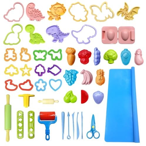 VAIYNWOM Knete Zubehör, 47 PCS Knete Werkzeug Plastilin Werkzeuge Schere Teigrolle, Formen zur Herstellung von Tieren, Dinosauriern Obst und Gemüse, mit Knetmatte Aufbewahrungstasche