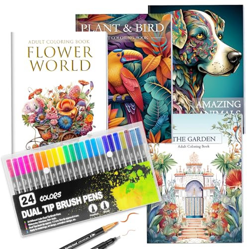 Malbuch für Erwachsene, Entspannung, Achtsamkeit, Malbuch für Frauen, mit 24 Markern mit zwei Spitzen, Angstlinderung, Geschenke für Frauen mit 128 Mustern, inklusive Pflanzen, Tiere, Blumen,