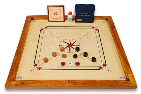 UBER Carrom Spielbrett Set, Premium Holz Carrom Board mit Zubehör, 83 cm, Traditionelles Indisches Brettspiel für Familie und Wettkampf (+ Tisch)
