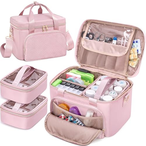 Prokva Medizin Lagerung Tasche mit 2 Medizinischen Taschen, Pille Flasche Veranstalter Tasche Leere Erste-Hilfe-Tasche für Reisen, Home Healthcare, Rosa (Nur Leere Tasche)